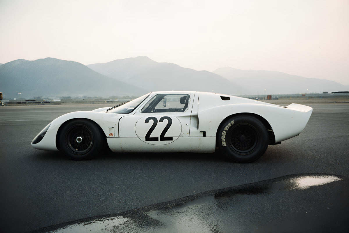 Vintage race car on an open road under a wide sky, black and white
