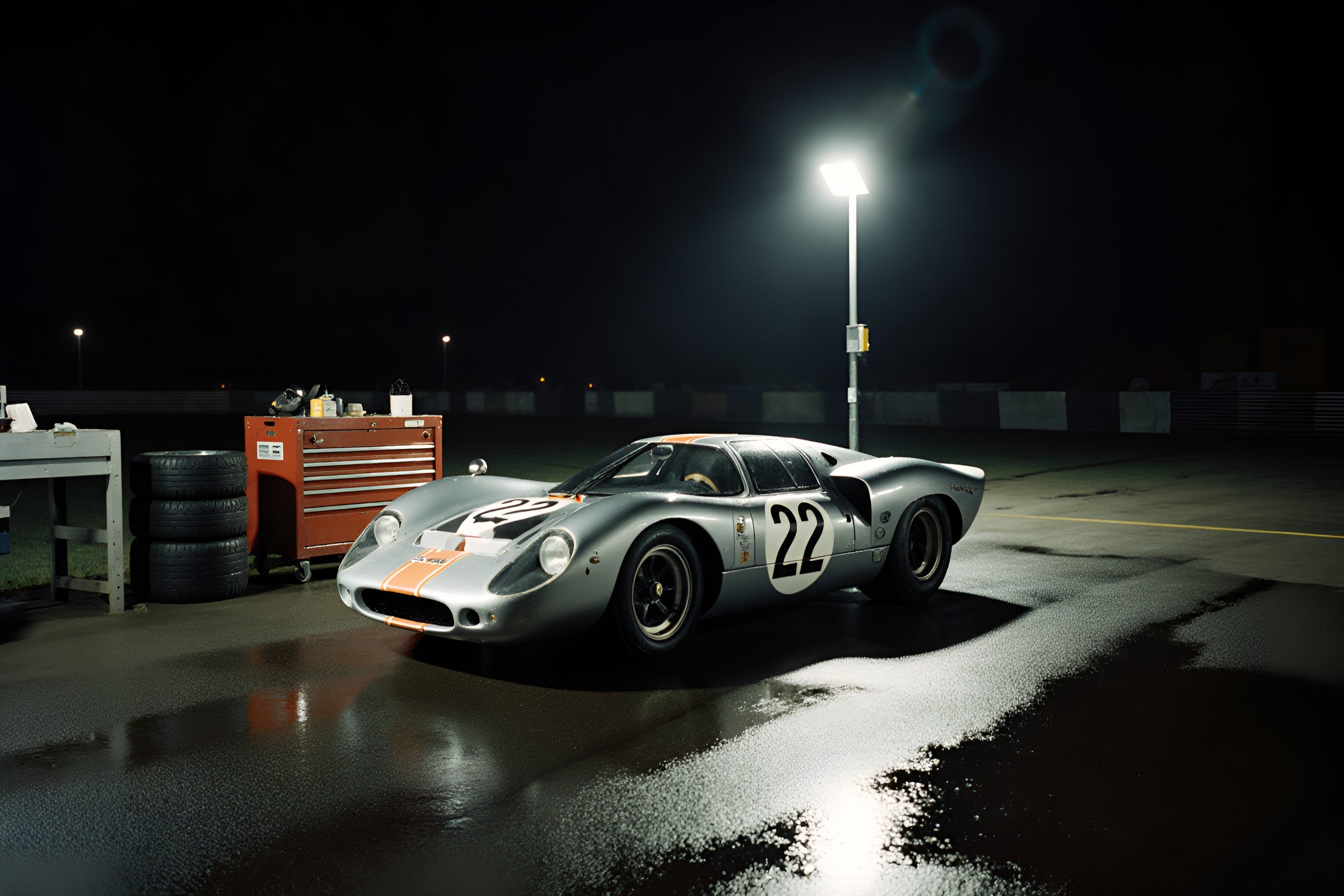 Race paddock, black and white